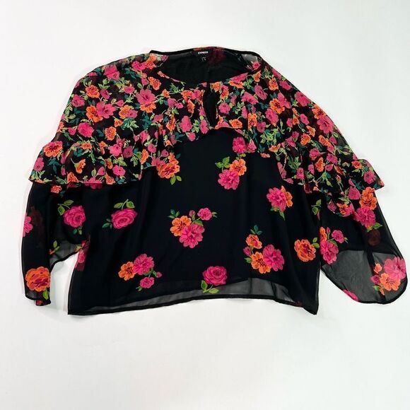 Express Long Sleeve Blouse Womens Large Black Floral Ruffle Sleeve Keyhole Front - Picture 2 of 10